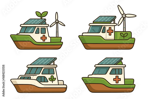 Eco-friendly medical boats with solar panels and wind turbines for sustainable healthcare. Vector set of ambulance ships using renewable green energy for coastal regions.