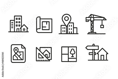 Urban planning icon set. City development concept. Architecture, construction, engineering symbols. Real estate, building, blueprint, cityscape, map, location, crane linear icons.
