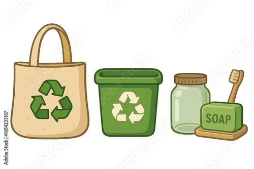 Eco friendly items for a sustainable, zero waste lifestyle. Vector icons set with reusable tote bag, recycling bin, glass jar, soap and bamboo toothbrush. Go green concept.