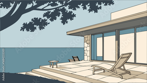 Modern House Patio with Ocean View Relaxing Summer Scene Deck Furniture Minimalist Illustration.