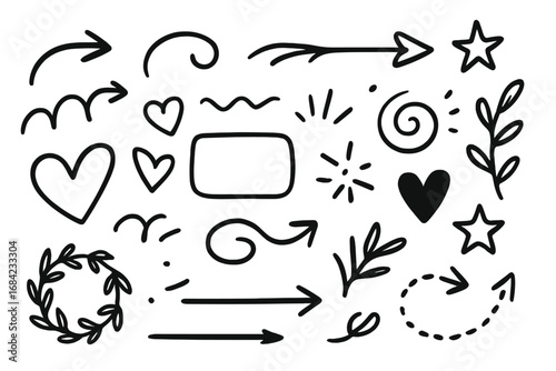 Hand drawn doodle elements set. Collection of cute vector graphics for design. Arrows, hearts, stars, swirls, frames, wreaths. Decorative sketch symbols for creative projects.