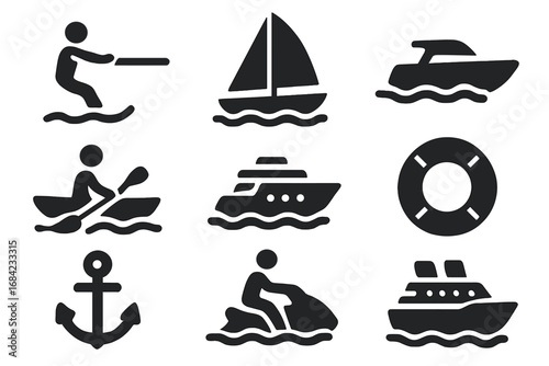 Water sports and cruising solid icon set. Nautical marine leisure symbols. Vector boat, ship, yacht, sailboat, jet ski, kayak, water ski, anchor, and lifebuoy collection.