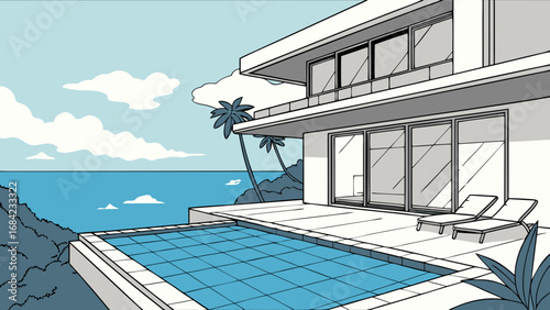 Modern House with Infinity Pool and Ocean View Summer Vacation Illustration.