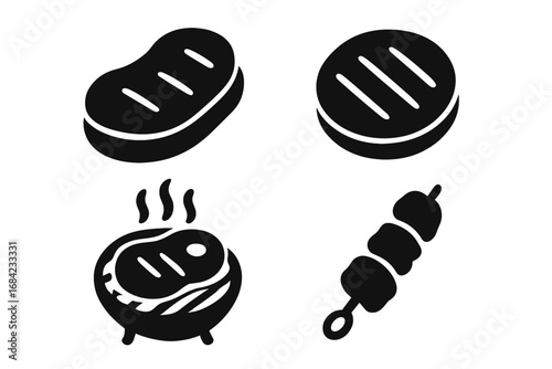 Meat and steak silhouette icon set. Grilled beef, pork fillet, and kebab skewer symbols. Barbecue cooking and food pictograms. Simple black vector graphic for BBQ menu design.