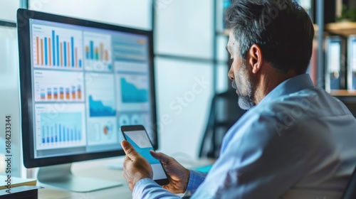 Wallpaper Mural Business man executive manager looking at smart phone and computer watching online webinar training or having virtual meeting video conference taking notes, doing market research working in office. Torontodigital.ca