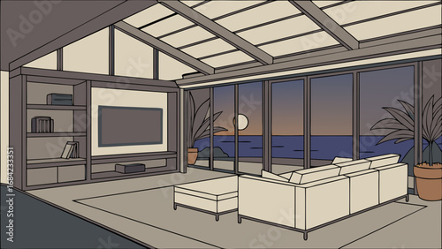 Modern Living Room Interior Design with Ocean View at Dusk.
