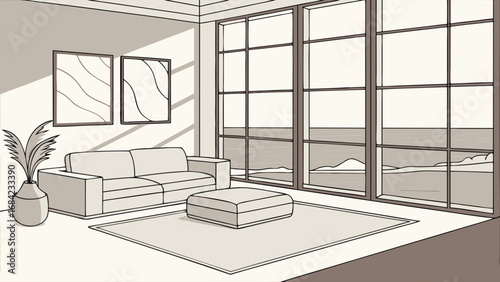 Modern Living Room Interior Design with Ocean View Illustration_