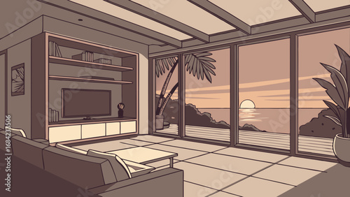 Modern living room interior with ocean sunset view minimalist design home decor coastal vibes.