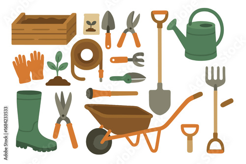 Gardening tools and equipment set. Vector flat illustration collection for garden maintenance, planting and hobby. Farming icons: shovel, rake, watering can, wheelbarrow.