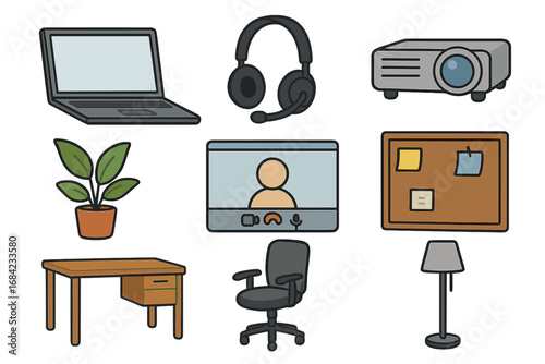 Remote work and home office icon set. Vector illustration of laptop, headset, video call, projector, desk, chair, plant. Work from home essentials equipment collection.