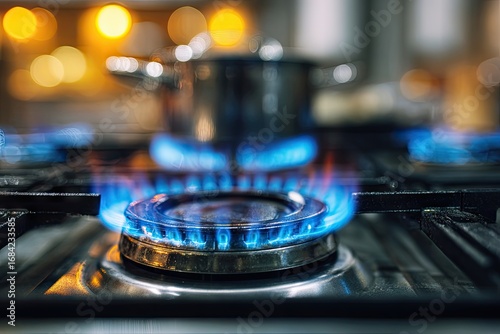 Kitchen gas stove with burning blue flame and a pot.