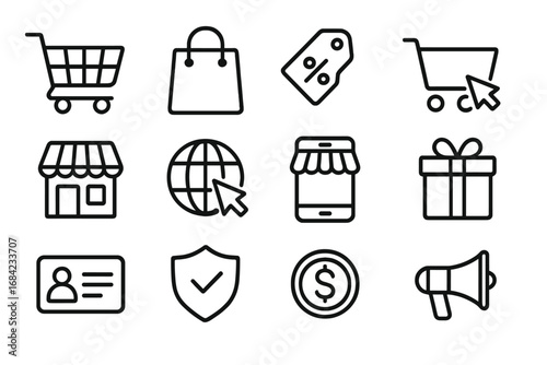 E-commerce and online shopping line icon set. Outline collection for retail, including sale, cart, discount, and payment icons. Vector symbols for web, mobile app, and marketing.