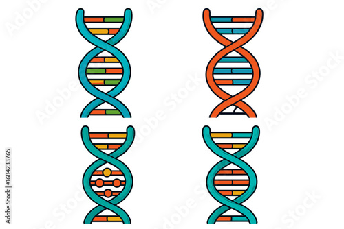 DNA strand vector icon set. Colorful double helix illustrations for science, biology, and genetics. Gene, chromosome, biotechnology, medical research, and molecular concepts.