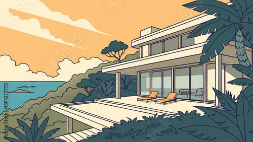 Modern Tropical House Illustration Ocean View Luxury Villa Sunset Palm Trees Minimalist Design.