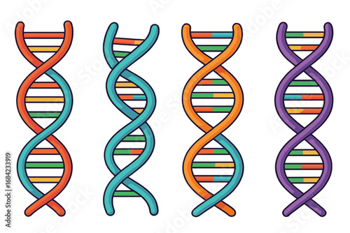 Colorful DNA strands illustration set. Vector cartoon design showing genetic patterns. Concept for molecular biology, genetics, gene code, biotechnology, evolution, medical research.