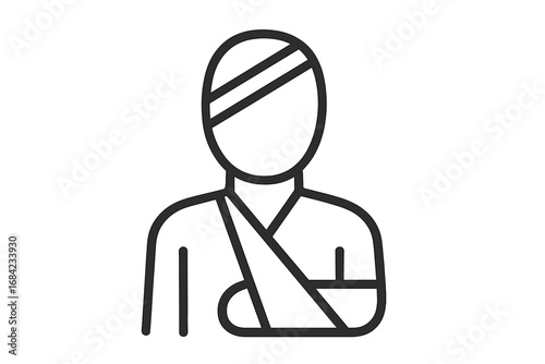 Minimalist linear broken arm injury icon with head bandage, medical care concept, patient support symbol, healthcare vector illustration for web, apps, banners, social media, and design