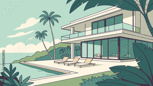 Modern Tropical Villa with Pool and Ocean View Luxury Vacation Home Illustration.