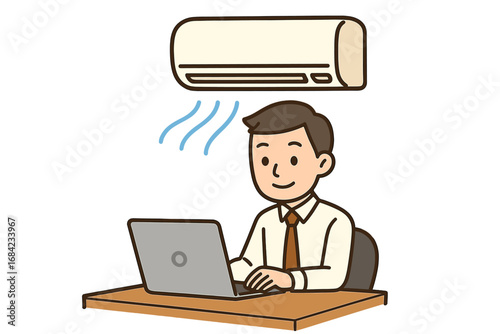 Man working on laptop in a cool comfortable office with air conditioning. Businessman at desk. Summer heat relief. Climate control. HVAC system. Vector cartoon illustration.
