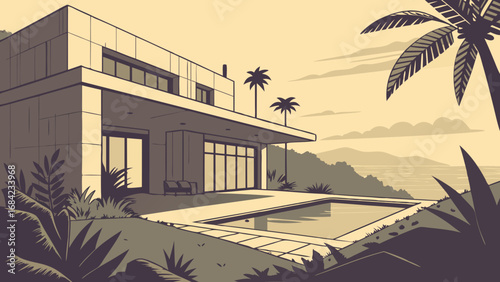 Modern Villa with Pool and Ocean View Tropical Landscape Illustration.