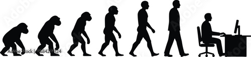 Evolution of Human from Ape to Modern Office Worker Using Computer, Technology Growth, Workplace Transformation Vector Illustration Silhouette
