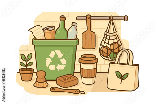 Eco friendly sustainable living concept. Zero waste lifestyle with reusable items. Recycling bin, tote bag, coffee cup in a kitchen. Vector illustration for ecology and conservation.