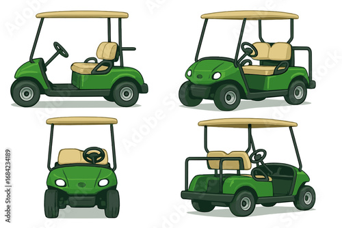 Variety of green electric golf carts shown from multiple angles and perspectives, recreational vehicles with beige seats and roofs, cartoon vector illustration, transparent background