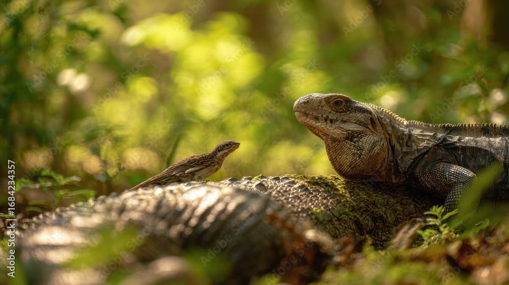 Obraz premium Medium shot of a bird picking insects off a large reptiles skin foreground sharp on both animals while sunlit forest foliage recedes smoothly into soft focus.