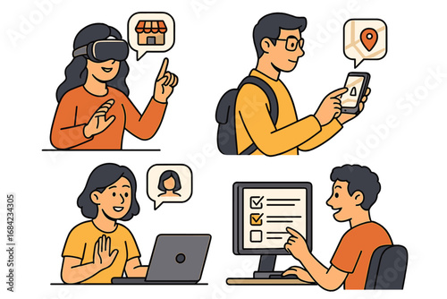 Virtual experiences and technology tools enhancing daily life interactions, communication, navigation, productivity, and collaboration in modern digital settings, vector cartoon illustration