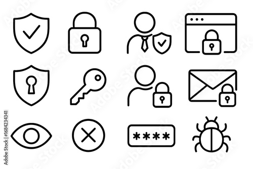 Cybersecurity metaphor icon set. Digital privacy, data protection, user access. Icons for secure login, password, encryption, malware, virus, bug, shield, key, lock.
