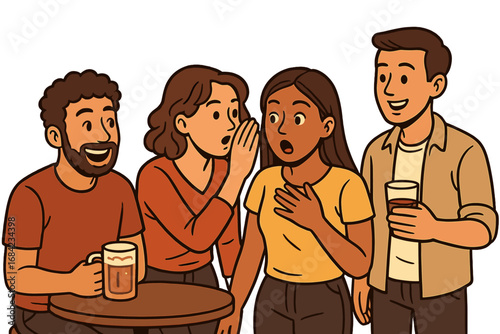 Friends gossip at party. Woman whispering secret rumor to shocked friend. Eavesdropping, talking, social gathering concept. People conversation vector cartoon illustration.