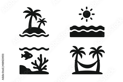 Tropical nature solid filled icon set. Summer vacation travel concept. Island with palm trees, sun over sea waves, underwater fish and coral reef, hammock between palms vector.