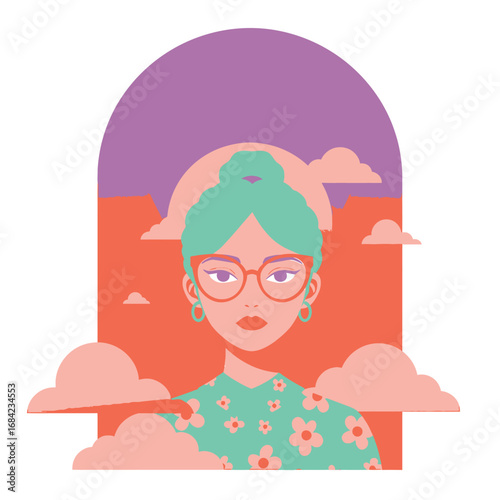 Stylish Woman Illustration with Glasses and Teal Hair
