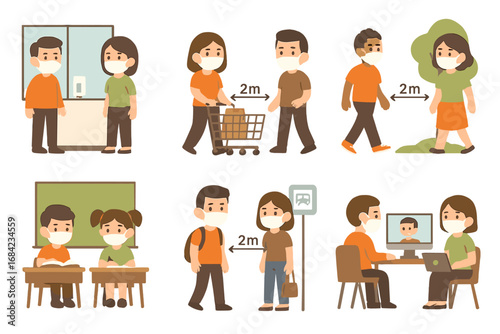 Social distance guidelines during pandemic. Set of characters in face masks in daily life. New normal, safety rules, prevention concept. Vector cartoon illustration collection.