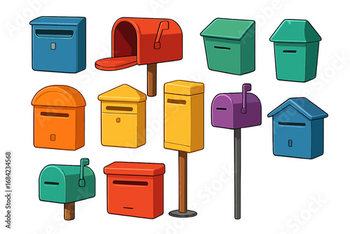 Vector set of colorful mailboxes. Postbox collection in various styles. Cartoon letterbox illustration for mail, post, communication, and delivery. Post box icon set.
