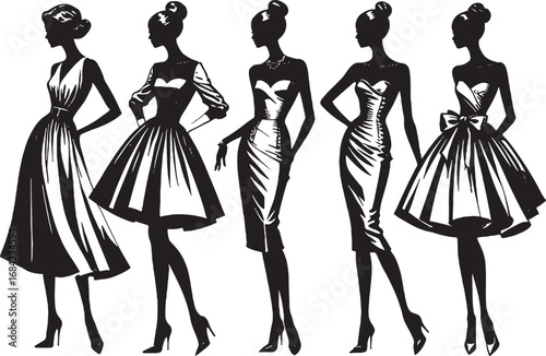 Elegant Fashion Silhouettes Collection Black and White Illustration of Women in Stylish Dresses for Fashion Design