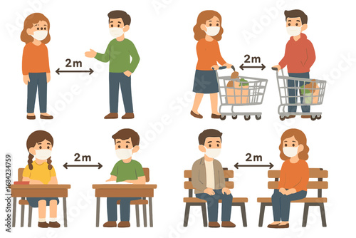 Social distancing guidelines for pandemic prevention. People in face masks keeping 2 meters distance in public spaces, supermarket, school. Covid-19 safety concept vector set.