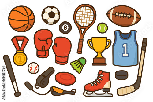 Big set of sports equipment icons. Cartoon vector collection for various games like basketball, soccer, football, hockey, boxing, and tennis. Gear for competition and championship.