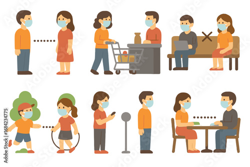 Social distancing guidelines for pandemic. People in masks keeping safe distance in public places. Coronavirus prevention concept. Vector characters flat cartoon illustration set.