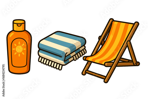 Summer beach essentials set. Vector cartoon illustration of sunscreen, towel, deck chair. Vacation, holiday, travel concept. Sunbathing, relaxation icon collection isolated.