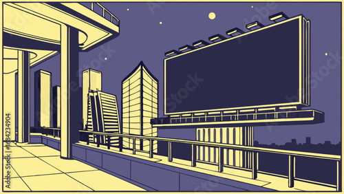 Night cityscape with blank billboard urban architecture modern city background evening scene vector illustration.