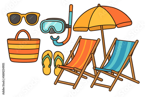 Summer beach vacation essentials set. Colorful cartoon vector icons collection with beach chair, umbrella, sunglasses, snorkel mask, bag and flip flops. Isolated holiday items.