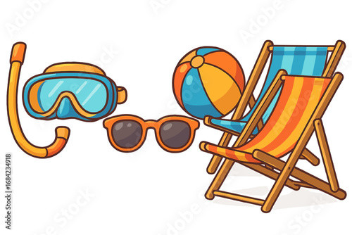 Summer beach essentials collection. Vector cartoon icons. Snorkel, diving mask, sunglasses, ball, chairs. Vacation, holiday, travel concept. Seaside leisure and recreation items.