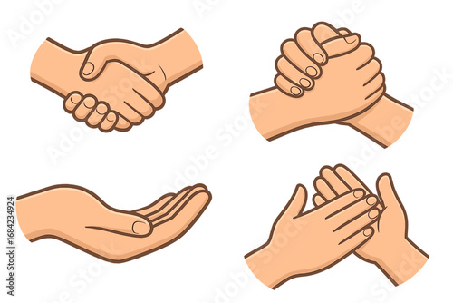 Hand gesture icon set. Vector cartoon hands shaking for agreement and partnership. Clasped hands for teamwork, support, and unity. Applause for success. Cupped for charity.