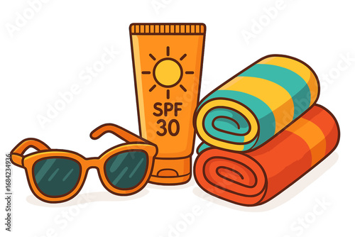 Summer vacation beach essentials with sunglasses, sunscreen SPF 30 lotion and rolled towels. Vector cartoon illustration for holiday travel, sun protection, and seaside concept.