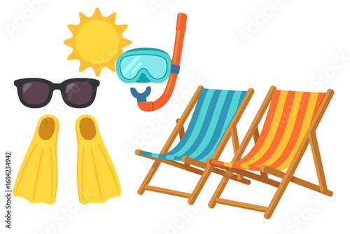 Summer beach vacation essentials set. Colorful vector illustration of items for a sunny day. Includes sunglasses, snorkel mask, flippers, and striped beach chairs. Cartoon travel icon collection.