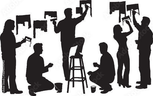 People Painting Home Renovation Teamwork Silhouettes