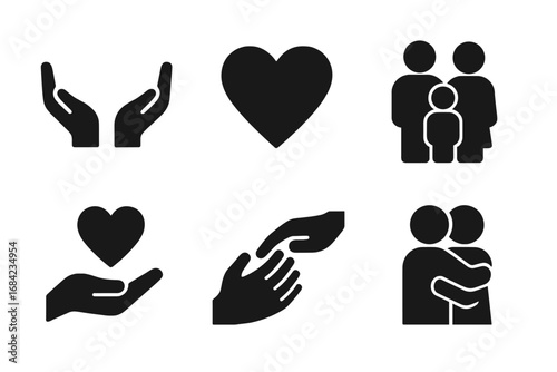 Trust icon set. Solid glyph icons of emotional trust, open hands, heart, family, support, help. Friendship, relationship, charity and community vector symbols collection.