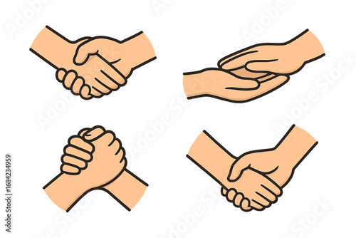 Set of hand gestures showing support, unity, and partnership. Vector illustration collection of handshake, helping hands, and strong grip. Concept of teamwork, deal, agreement, and community.