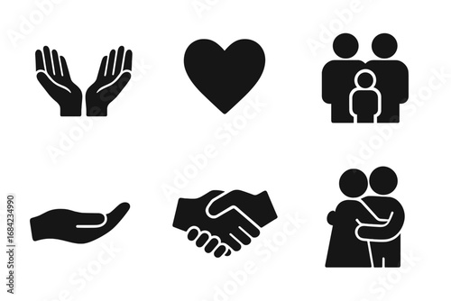 Trust and support solid glyph icon set. Vector symbols of emotional connection, care, community, partnership. Features handshake, family, heart, helping hands, and hug icons.