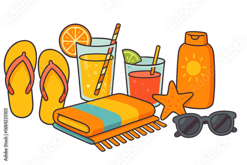 Summer beach vacation essentials. Cartoon vector icon set with flip flops, cocktail, towel, sunscreen, sunglasses, starfish. Holiday and travel accessories collection concept.
